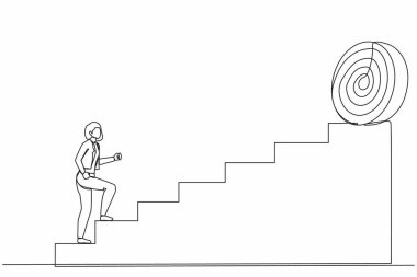 Aralıksız tek sıra halinde elinde ok tutan iş kadını yüksek hedefe doğru koşuyor. İş büyümesi kavramı, başarıya giden yol. Kariyer yolu. Bir çizgi çizimi grafik tasarım vektör çizimi