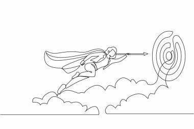 Başarıya ulaşmak için okla ileri uçan süper kahraman iş kadınlarını çeken tek çizgi. Güç liderliği hırsı ve başarı. Bir çizgi çizimi grafik tasarım vektör çizimi