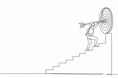 Aralıksız tek sıra halinde, hedefine doğru koşan bir iş kadını, motivasyon gelişimi, yüksek hedefe ulaşma yolu, merdivenlerden, başarı basamakları. Tek çizgi tasarım vektörü grafiği