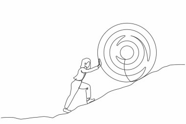 Tek sıra halinde iş kadını, büyük hedefi dağa doğru itiyor. Maaşlı kadın dev hedefi yukarı itiyor. Çok zor. Çok büyük bir hedef zor olabilir. Devamlı çizgi tasarım grafik vektörü