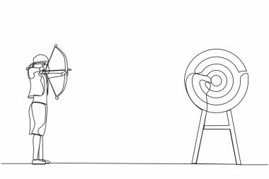 Tek sıra halinde iş kadını gözlerini bağlayarak hedefi vurmaya çalışıyor. Hedefe vizyonsuz ulaşmaya çalışıyorum. Elinde ok tutan göz bağı olan bir kadın hedef arıyor. Devamlı çizgi tasarım vektörü