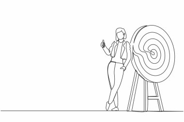 Sürekli olarak, mutlu iş kadını ya da yönetici çizen bir çizgi, hedefi ayakta tutuyor ya da baş parmaklarıyla işaret ediyor. Ok hedefi tam olarak vurdu. Tek çizgi çizimi tasarım vektörü grafik çizimi