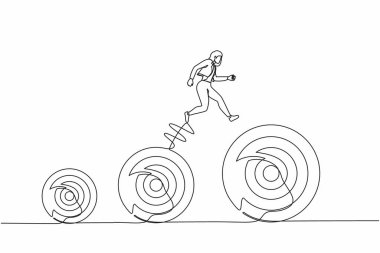 Tek sıra halinde iş kadını kariyer hedeflerini yükseltiyor. Bir sonraki hedef iş. Planlama ve başarılı. İş metaforu. Dinamik bir çizgi grafik tasarım vektörü