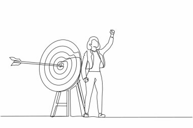Tek sıra halinde, aktif iş kadını yumruğunu hedefe doğru sallıyor. Hedef hedef, odaklanma ve ilerleme. İşletme okçuluğu, ok odaklanma. Bir çizgi çizimi grafik tasarım vektörü