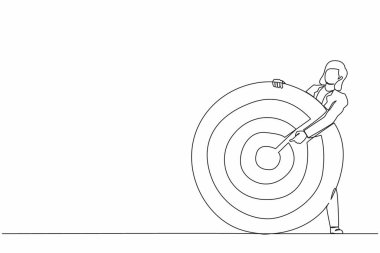 Okçu hedefini ya da torpido gözünü hedefleyen iş kadını çizmeye devam et. İş hedefine odaklan, motivasyon hedefini belirle. Tek çizgi tasarım vektör grafik çizimi