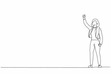 Tek sıra halinde, iş kadını yöneticileri onun başarısını kutluyor ve kafasının üstüne sıkılmış yumruklarla el kaldırıyor. Başarı ve vizyon kavramı. Dinamik bir çizgi grafik tasarım vektörü