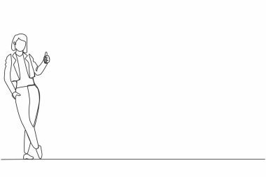 Tek sıra halinde, resmi giyinmiş heyecanlı bir iş kadını başparmak işareti gösteriyor ve duvara yaslanıyor. Anlaştık, kabul, kabul, kabul. Tek çizgi çizimi tasarım vektörü grafiği