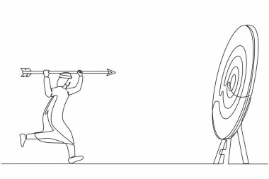 Hırslı Arap işadamının hedefine büyük bir ok attığı bir satır devam ediyor. Gol başarı konsepti. İş amacı, hedef, strateji başarı konsepti. Tek çizgi çizimi tasarım vektörü grafiği
