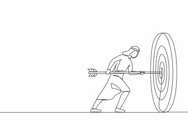 Arap işadamının sürekli çizdiği tek çizgi, elde avuçta ok, başarı hedefi. İş kavramına odaklan. Hevesli insanlar. Görev tamamlandı. Bir çizgi çizimi tasarım vektörü illüstrasyonu