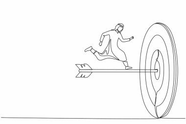 Tek sıra halinde, Arap işadamını dartla hedef alıyor. Hedefe ulaşıldı. İş metaforu. Başarılı iş konsepti. Dinamik bir çizgi grafik tasarım vektörü çizimi
