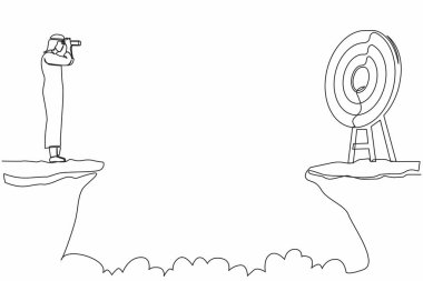 Elinde dürbünle uçurumun kenarında duran Arap işadamını çizmeye devam et. İş hedefi kavramı. İşadamı başarıya odaklanıyor. Tek çizgi tasarım vektör grafik çizimi