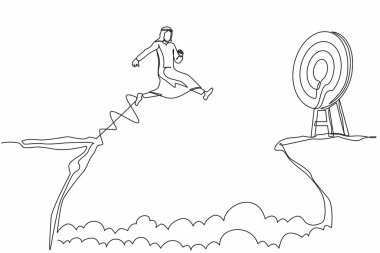 Arap işadamlarının hedefe ulaşmak için uçurumdan atlamalarını sağlayan bir hat. Başarı risk alırken hareket eder. Girişimci sorunları, motivasyon, kişisel gelişim. Tek çizgi tasarım vektörü grafiği