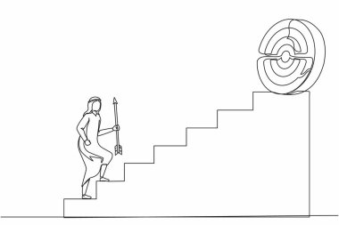 Tek sıra halinde, ok tutan Arap işadamı yüksek hedefe doğru koşuyor. İş büyümesi kavramı ve başarıya giden yol. Kariyer yolu. Devamlı çizgi tasarımı grafik vektör illüstrasyonu