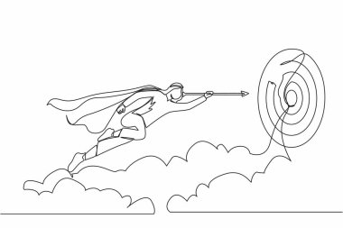 Başarıya ulaşmak için okla ileri uçan süper kahraman Arap işadamlarının çizdiği tek çizgi devam ediyor. Güç liderliği hırsı ve başarı. Tek çizgi tasarım vektör grafik çizimi