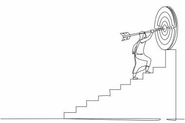 Amaçlarına ulaşmak için hedeflerine doğru koşan tek bir aralıksız çizgili Arap işadamı, merdivenlerden, başarı basamaklarından geçiyor. Bir çizgi çizimi tasarım vektörü illüstrasyonu