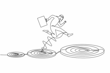 Arap işadamlarının başarılı bir şekilde daha büyük hedeflere atlamasını sağlayan tek bir hat. Kariyerinde ya da iş geliştirme konseptinde ilerleme. Heves ve motivasyon. Bir çizgi çizimi grafik tasarım vektörü