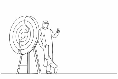 Sürekli olarak Arap işadamı ya da menajer çizen bir çizgi, hedefi ayakta tutuyor ya da baş parmağıyla işaret ediyor. Ok hedefi tam olarak vurdu. Tek çizgi çizimi tasarım vektörü grafik çizimi