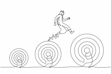 Tek sıra halinde, Arap işadamları daha yüksek hedeflere atlıyor. Sıradaki hedef iş. Planlama, başarılı. İş metaforu. Bir çizgi çizimi grafik tasarım vektör çizimi