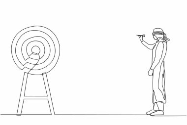Göz bağıyla Arap işadamını çeken tek sıra ve hedefi vuruyor. Gözü bağlı işadamı soru işaretiyle hedefi dartla vurmaya çalışıyor. Bir çizgi grafik tasarım vektörü