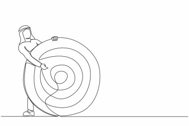 Tek sıra, Arap işadamının okçu hedefini ya da gösterge panelini hedef alması. İş hedefine odaklan, motivasyon hedefini belirle. Devamlı çizgi çizimi tasarım vektörü illüstrasyonu