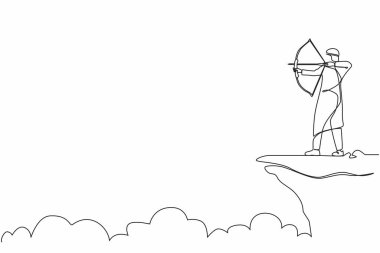 Elinde okçuyla uçurumun kenarında duran Arap işadamını çizmeye devam ediyor. İş hedefi hedefi. Adam başarıya odaklanıyor. Hedefi ok ve yayla vuruyor. Tek çizgi çizme tasarım vektörü