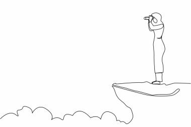 Dürbünle uçurumun kenarında duran Arap bir iş kadını çiziyor. İş vizyonu konsepti, liderlik, başarı, hedef. Aralıksız çizgi çizimi tasarım grafik vektör çizimi