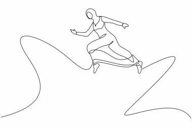 Başarısını göstermek için atlayan genç bir bayanın sürekli çizdiği bir çizgi. Başörtüsü takan Arap iş kadını beyaz arka planda noktadan noktaya atlıyor. Tek çizgi çizimi tasarım vektörü grafiği