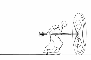 Arap iş kadınlarını tek sıra halinde çeken tek bir çizgi. Hedefi elde etmek için oku elinde tutuyor. İş kavramına odaklan. Hevesli insanlar. Görev tamamlandı. Bir çizgi çizimi grafik tasarım vektörü