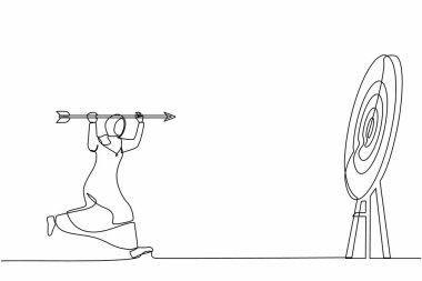 Aralıksız bir çizgi, pozitif hırslı Arap iş kadını hedefine büyük bir ok doğrultuyor. Gol başarı konsepti. İş amacı, amaç, strateji başarısı. Tek çizgi çizimi tasarım vektörü grafiği