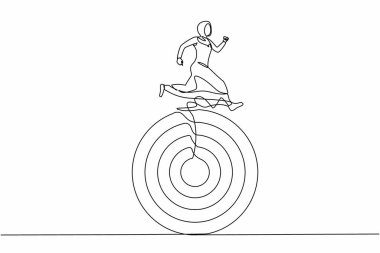 Arap iş kadınlarını hedefleri doğrultusunda hareket ettiren tek sıra. Kadın hedefe doğru koşuyor. İş rekabetinden başarıya. Pazarlama kariyeri. Bir çizgi çizimi grafik tasarım vektör çizimi