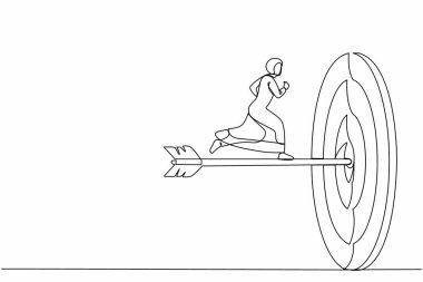 Hırslı bir Arap iş kadını dartla tam on ikiden vurdu. Hedefe ulaşıldı. İş metaforu. Başarılı iş konsepti. Devamlı çizgi tasarımı grafik vektör illüstrasyonu