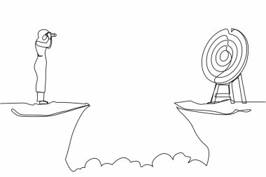 Sürekli bir çizgi elinde dürbünle uçurumun kenarında duran Arap iş kadını çiziyor. İş hedefi kavramı. Kadın başarıya odaklanıyor. Tek çizgi çizimi tasarım vektörü grafik çizimi