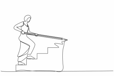 Tek sıra çizen Arap iş kadını merdivenleri tırmanmak için kocaman bir kalem kullanıyor. Strateji iş hedefine ulaşır, kariyer yolunda ilerler. Devamlı çizgi tasarım vektörü