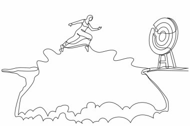 Arap iş kadınının hedefe ulaşmak için uçurumdan atlamasını sağlayan bir çizgi. Başarı risk alırken hareket eder. Girişimci sorunları, motivasyon, kişisel gelişim. Tek çizgi çizme tasarım vektörü