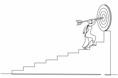 Aralıksız tek sıra halinde, hedefine doğru koşan bir okla Arap iş kadını merdivenlerden, başarı basamaklarından geçiyor. Tek çizgi tasarım vektör grafik çizimi
