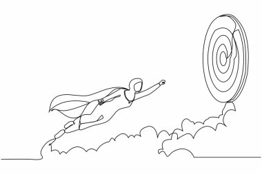 Devamlı olarak, pelerinli süper kahraman Arap iş kadını hedefe doğru uçuyor. İş başarısı, liderlik, profesyonellik, hedef başarısı. Tek çizgi tasarım vektör grafik çizimi