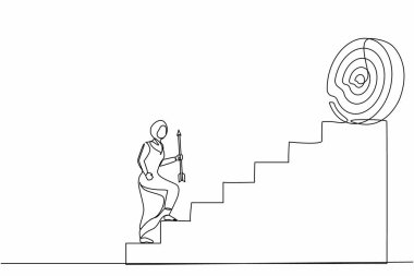 Tek sıra halinde, elinde ok tutan Arap iş kadını yüksek hedefe doğru koşuyor. İş büyümesi, başarıya giden yol. Kariyer yolu. Bir çizgi çizimi grafik tasarım vektör çizimi