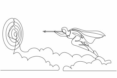 Başarılı olmak için okla ileri uçan süper kahraman Arap iş kadınını çeken tek satır. Güç liderliği hırsı ve başarı. Devamlı çizgi tasarımı grafik vektör illüstrasyonu