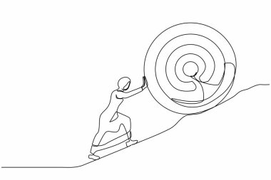 Arap iş kadınlarını çeken tek sıra büyük hedefi dağa doğru itiyor. Kadın dev hedefi yukarı itiyor. Çok büyük bir hedef zor olabilir. Bir çizgi çizimi grafik tasarım vektör çizimi