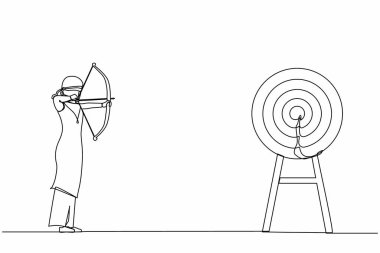 Tek sıra, gözünü bağlayan, ok tutan Arap iş kadını hedef arıyor. Hedefe vizyonsuz ulaşmaya çalışıyorum. Modern sürekli çizgi çizimi tasarım grafik vektör çizimi