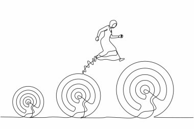 Tek sıra halinde, daha yüksek hedeflere zıplayan Arap iş kadını. Bir sonraki hedef metaforu. Planlama ve başarılı. Bir çizgi çizimi grafik tasarım vektör çizimi