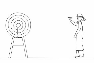 Aralıksız tek sıra halinde Arap iş kadını gözlerini bağlayıp dart hedefini vuruyor. Hedefi dartla vurmaya çalışan gözleri bağlı genç bir bayan. Tek çizgi çizimi tasarım vektörü grafik çizimi