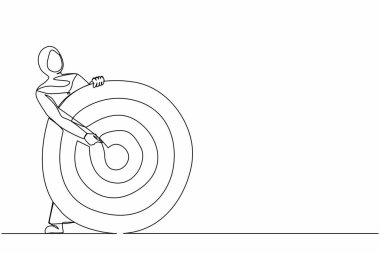 Bir satırda, okçu hedefini ya da gösterge panelini hedef alan Arap iş kadını görülüyor. İş hedefine odaklan, motivasyon hedefini belirle. Devamlı çizgi çizimi grafik vektörü