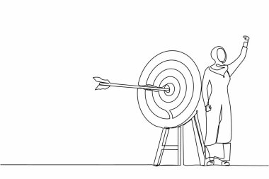 Tek sıra, Arap iş kadını yumruğunu hedefe doğrulttu. Hedef hedef, odaklanma, ilerleme. İşletme okçuluğu, ok odaklanma. Devamlı çizgi tasarımı grafik vektör illüstrasyonu