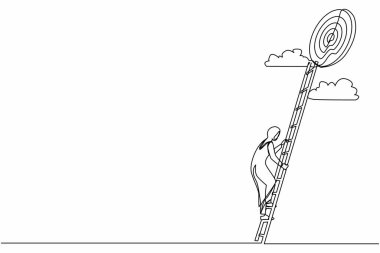 Hedefe giden merdivenleri tek sıra halinde çekin. Türbanlı Arap iş kadını hedefin tepesine çıkıyor. Hedefe ulaşılıyor. Merdiven gökyüzü. Nişan alma stratejisi. Bir çizgi grafik tasarım vektör çizimi