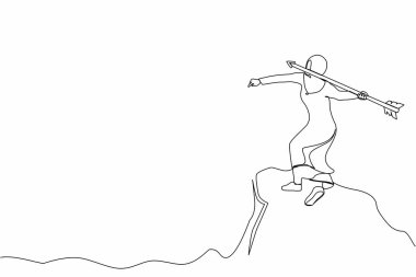 Hedefe ulaşmak için yükselen oku atan kararlı bir Arap iş kadını çiziyor. İş büyümesi, başarı, gelişme konsepti. Bir çizgi çizimi grafik tasarım vektör çizimi