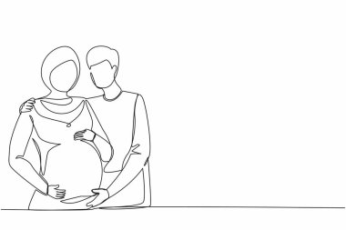 Hamilelik ve partnerin doğumuyla ilgili düz çizimler çizmeye devam et. Kocası olan genç bir Arap hamile kadın. Adam karısına göz kulak olur ve sarılır. Tek çizgi çizimi tasarım vektörü grafiği