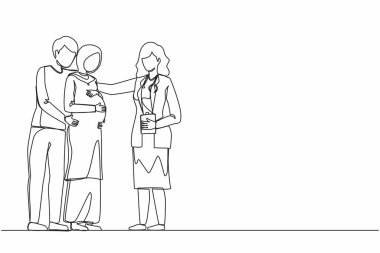 Hamilelik öncesi ilaçları çizmeye devam et. Kocası ve kadın doktoru olan Arap hamile bir kadın. Üniformalı bir doktor. Danışmanlık, hekimin tavsiyeleri. Tek çizgi tasarım vektörü