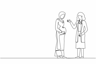 Doktorun randevusunda sürekli olarak Arap hamile kadın çiziyor. Bebek bekleyen bir kadın doktor muayenehanesi, hamilelik sırasında muayene. Tek çizgi çizimi tasarım vektörü grafik çizimi