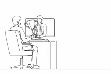Yakışıklı iş adamını çeken tek sıra monitörden mutlu bir ofis çalışanına altın kupa uzatıyor. Online yarışmada ödül. Modern sürekli çizgi çizimi tasarım grafik vektör çizimi